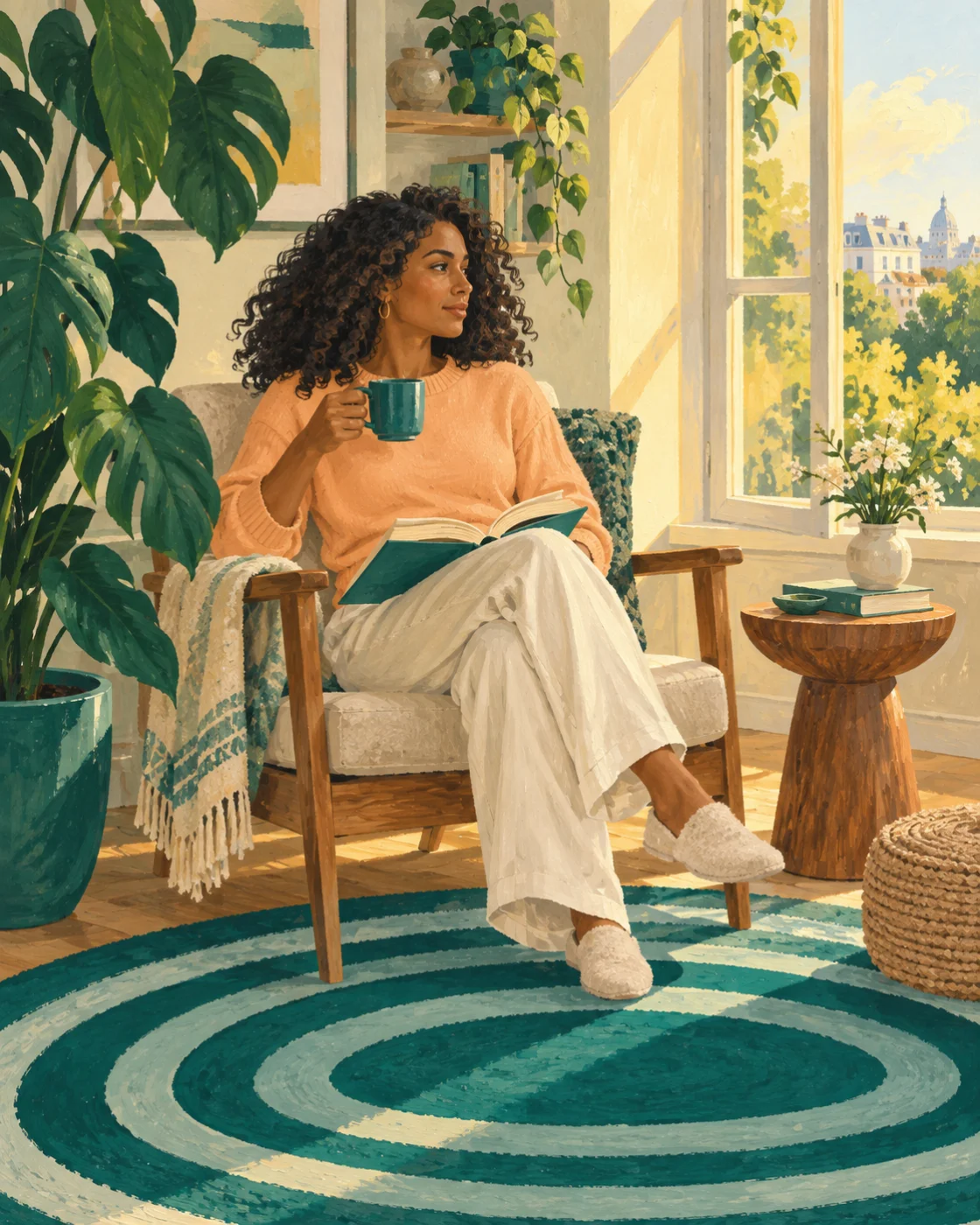 An illustrated quiet moment with a book and a mug by a sunny window.
